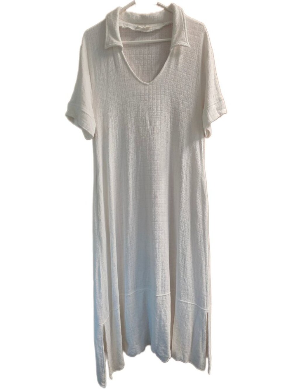 P.CILL Tasi Oversized Waffle Linen Maxi Shirt Dress White Small Pockets